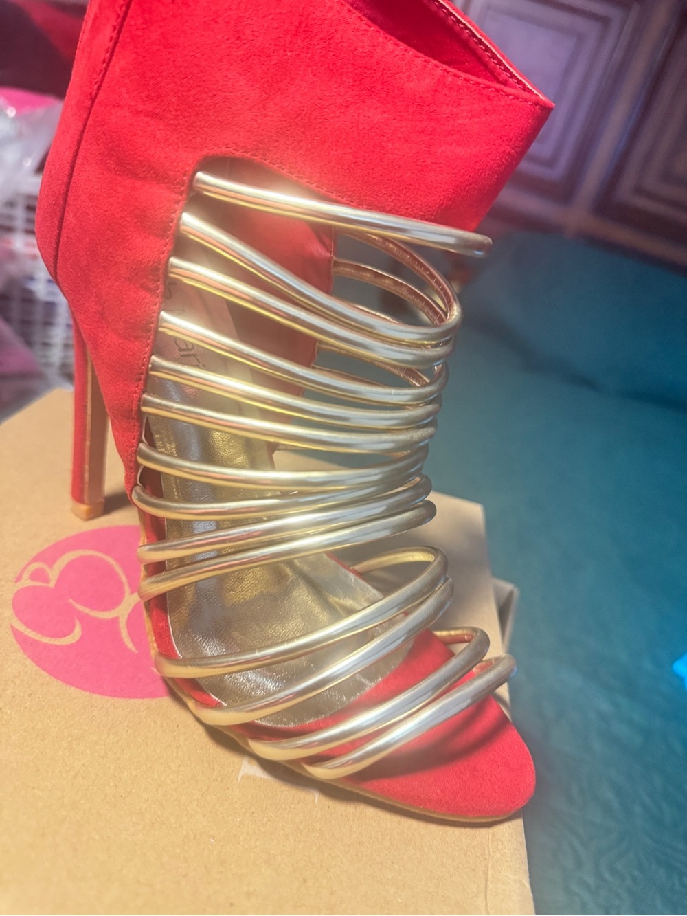 Red Suede High Heel Sandals with Gold Cage Straps